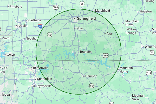 a radius of 50 miles around Branson, MO